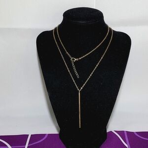 Beautiful Long Gold Tone Necklace with Straight Hanging Bar Design